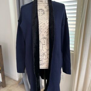 Love Token Navy Blue Open Front Cardigan with cozy fur-like lining.
